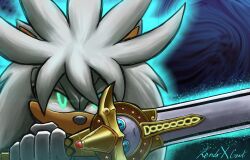  1boy absurdres animal_ears animal_nose blue_eyes caliburn_(sonic) commentary cr2_kendo64 english_commentary furry furry_male gloves glowing glowing_eyes green_eyes grey_fur hedgehog_boy highres holding holding_sword holding_weapon male_focus sentient_object silver_the_hedgehog sonic_(series) sonic_and_the_black_knight sonic_the_hedgehog_(2006) sword weapon white_gloves yellow_eyes 