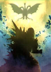  absurdres black_scales claws commentary_request destruction dragon dragon_horns dragon_wings elbow_spikes electricity giant giant_monster glowing glowing_eyes godzilla godzilla_(minus_one) godzilla_(series) godzilla_minus_zero gold_scales gold_skin highres horns kaiju king_ghidorah monster multiple_heads multiple_tails nkeo no_humans red_eyes scales sky spines tail teeth very_long_tail wings 