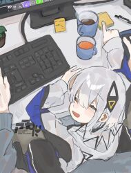  1boy 1girl :d black_dress black_pants blue_sweater center-flap_bangs cevio closed_eyes coffee coffee_mug computer_keyboard computer_mouse cup diamond_hair_ornament dress faoru_ofuton hair_ornament highres hood hood_down hooded_jacket jacket kafu_(cevio) kamitsubaki_studio long_sleeves looking_at_viewer low_twintails monitor mug multicolored_jacket pants pen plant potted_plant sidelocks sitting sitting_on_person smile sticky_note sweater twintails white_hair white_jacket 