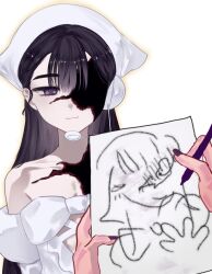  2girls absurdres alien_stage bandana black_hair black_nails dress elbow_gloves gloves hair_between_eyes highres meoweoli mizi_(alien_stage) mizi_(zombie_stage) multiple_girls off-shoulder_dress off_shoulder smile sua_(alien_stage) sua_(zombie_stage) thick_eyebrows violet_eyes white_background white_bandana white_dress white_gloves zombie_stage 