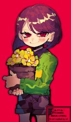  1other androgynous artist_name blush bob_cut brown_hair brown_shorts chara_(undertale) closed_mouth collared_shirt commentary_request cowboy_shot flower flower_pot green_sweater holding holding_flower_pot looking_at_viewer loose_hair_strand other_focus parted_bangs red_background red_eyes repikinoko ringed_eyes shirt short_hair shorts side_part signature simple_background smile solo striped_clothes striped_sweater sweater twitter_username two-tone_sweater undertale utdr_(toby_fox) watermark yellow_flower 
