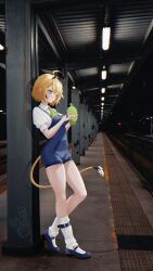  1girl absurdres ahoge blonde_hair blue_overalls commentary default_illust dooby green_eyes green_neckerchief highres indie_virtual_youtuber jerboa jerboa_tail kippu_(dooby) neckerchief overalls railroad_tracks shoes socks train_station virtual_youtuber 