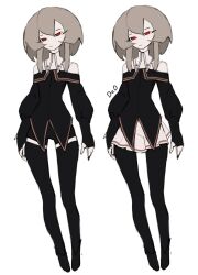  1girl black_pantyhose black_shorts brown_hair deo_artist frown full_body haruka_(deo_artist) highres narrowed_eyes off-shoulder_shirt off_shoulder original pantyhose pleated_skirt red_eyes reference_sheet shirt short_shorts shorts sidelocks skirt 