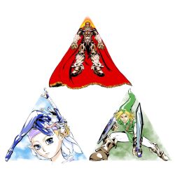  1girl 2boys blonde_hair champion's_tunic_(zelda) commentary dandagouglas english_commentary ganondorf green_tunic highres holding holding_shield holding_sword holding_weapon hylian_shield link master_sword multiple_boys pointy_ears princess_zelda sheik shield sword the_legend_of_zelda the_legend_of_zelda:_ocarina_of_time triforce tunic weapon 