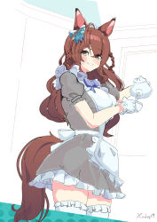  1girl absurdres alternate_costume animal_ears apron artist_name blush braid breasts brown_hair cup dress enmaided frilled_apron frilled_thighhighs frills grey_dress hair_between_eyes hair_ornament highres hinokey_(hinokey0126) horse_ears horse_girl long_hair looking_at_viewer maid maid_apron mejiro_bright_(umamusume) puffy_short_sleeves puffy_sleeves short_sleeves solo teacup teapot thigh-highs umamusume white_apron white_thighhighs wrist_cuffs 