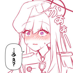  1girl absurdres beret blonde_student_council_president_(blue_archive) blue_archive blush commentary_request halo hat highres long_hair monochrome narration parted_lips red_theme simple_background sketch solo speech_bubble spot_color tomoru_(tomanvil_3) translation_request violet_eyes white_background 