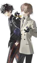  2boys akechi_goro amamiya_ren animal_on_shoulder bag black-framed_eyewear black_cat black_gloves black_hair black_jacket black_pants blazer blue_bag brown_hair buttons cat cat_on_shoulder closed_mouth coat commentary_request cowboy_shot double-breasted glasses gloves grey_coat hand_in_pocket highres hikawahomura jacket looking_at_another male_focus morgana_(cat)_(persona_5) morgana_(persona_5) multiple_boys necktie open_hand pants persona persona_5 plaid_clothes plaid_pants profile red_eyes school_uniform short_hair shoulder_bag shuujin_academy_school_uniform simple_background smile striped_clothes striped_necktie vertical-striped_clothes vertical-striped_necktie white_background white_necktie 