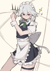  1girl absurdres apron between_fingers blue_dress bow braid closed_mouth collared_shirt commentary_request dress frilled_dress frills green_bow grey_hair hair_bow highres holding holding_knife izayoi_sakuya knife knives_between_fingers long_hair looking_at_viewer maid maid_headdress pinafore_dress puffy_short_sleeves puffy_sleeves red_eyes shirt short_sleeves sleeveless sleeveless_dress smile solo thigh_strap touhou twin_braids waist_apron waniko white_apron white_shirt white_wrist_cuffs wrist_cuffs 