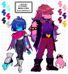  1girl 1other androgynous armlet armor armored_boots artist_name belt black_belt black_bodysuit black_boots blue_hair bodysuit boots breastplate buckle cape closed_mouth color_guide colored_skin commentary_request deltarune expressionless fingerless_gloves fingernails full_body furry furry_female gauntlets gloves grid_background hair_over_eyes hands_in_pockets heart heart-shaped_buckle jewelry kris_(dark_world)_(deltarune) kris_(deltarune) light_frown loose_hair_strand messy_hair no_eyes no_nose pants pauldrons pink_cape pink_skin purple_shirt red_pants repikinoko reptile_girl shaded_face sharp_fingernails shirt short_hair shoulder_armor snout spiked_armlet susie_(dark_world)_(deltarune) susie_(deltarune) torn_cape torn_clothes torn_sleeves twitter_username utdr_(toby_fox) white_background yellow_nails 