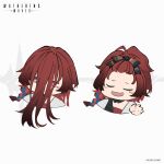  1girl blush_stickers braid chibi chixia_(wuthering_waves) concept_art copyright english_text forehead hair_between_eyes hair_over_face hand_up highres jacket long_bangs red_shirt ribbon shirt single_braid sleeping upper_body white_jacket wuthering_waves 