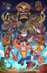 2girls 6+boys @_@ absurdres aku_aku anniversary aztec_clothes beard black_hair blonde_hair blue_pants blue_skin blue_sky boulder camisole clouds coco_bandicoot colored_skin commentary crash_bandicoot crash_bandicoot_(series) crate crystal dingodile dinosaur english_commentary facial_hair fake_crash flag flamethrower furry furry_female furry_male green_eyes gun highres holding holding_beam_saber holding_flag holding_gun holding_weapon humanization koala_kong komodo_joe komodo_moe mad_scientist mask missile multiple_boys multiple_girls muscular muscular_male n._gin nefarious_tropy neo_cortex nitro_(crash_bandicoot) nitros_oxide_(crash_bandicoot) nitrus_brio outdoors palm_tree pants papu_papu pinstripe_potoroo polar_(crash_bandicoot) pura_(crash_bandicoot) ravenousruss red_shoes ripper_roo running scientist sharp_teeth shoes signature sky star_(sky) starry_sky tawna_bandicoot teeth thick_eyebrows tiger tiny_tiger_(crash_bandicoot) tnt_(crash_bandicoot) tongue tree ufo uka_uka weapon wumpa_fruit 