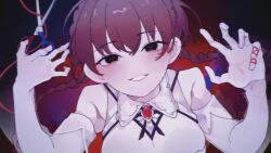  1girl armpit_crease bare_shoulders bell_sleeves black_eyes blush braid braided_twintails breasts brooch brown_hair close-up commentary_request crown_braid dark_background demons_roots demons_roots_(series) detached_sleeves empty_eyes gem heart heart-shaped_pupils highres holding holding_scissors jewelry lily_killer long_hair looking_at_viewer medium_breasts red_gem scissors see-through_clothes smile solo string string_of_fate symbol-shaped_pupils tccar22 twin_braids 