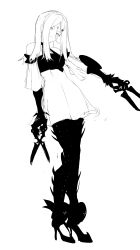 1girl absurdres bare_shoulders commentary detached_sleeves drag-on_dragoon drag-on_dragoon_3 dress dual_wielding full_body high_heels highres holding holding_scissors holding_weapon lineart long_hair looking_at_viewer monochrome ribbon rinomcflurri scissors simple_background solo standing three_(drag-on_dragoon) weapon white_background 