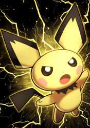  :o absurdres black_background brown_eyes commentary electricity glowing highres no_humans open_mouth pichu pokemon pokemon_(creature) pokemon_focus silverchariotx solo 