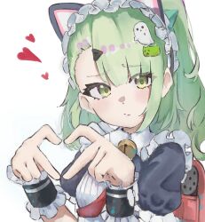  1girl animal_ear_hairband animal_ears asymmetrical_bangs bag bell black_dress blush cat_ear_hairband cat_ears closed_mouth commentary_request dress fake_animal_ears four-finger_heart_hands green_eyes green_hair hair_ornament hairband hairclip heart heart_hands highres looking_at_viewer maid maid_headdress mochimitsu_82 neck_bell necktie official_alternate_costume red_bag red_necktie simple_background solo sunna_(afternoon_tea_break)_(zenless_zone_zero) sunna_(zenless_zone_zero) upper_body white_background zenless_zone_zero 
