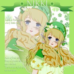  1girl ala_beila banner blonde_hair blue_eyes border capelet clover_background copyright_name english_text eyelashes fairy fairy_wings fake_pointy_ears flower frilled_sleeves frills green_border green_capelet green_hat green_shirt green_theme green_wings hair_half_over_shoulder happy hat hat_flower infinity_nikki leaf lipstick long_hair low_twintails makeup nikki_(series) open_mouth outline outside_border pink_lips print_sleeves puffy_short_sleeves puffy_sleeves shirt short_sleeves smile solo star_(symbol) star_print stylist_(nikki) tareme teeth twintails upper_body upper_teeth_only wavy_hair white_background white_flower white_outline wings 