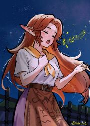  1girl absurdres aged_up apron artist_name brown_apron brown_hair closed_eyes commentary english_commentary highres ierdid kokiri light_blush long_hair malon musical_note open_mouth pointy_ears shirt simple_background singing star_(sky) the_legend_of_zelda the_legend_of_zelda:_ocarina_of_time white_shirt 