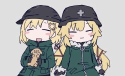  :3 akai_haato animal blush brodie_helmet bubba_(watson_amelia) closed_eyes coat combat_helmet commentary english_commentary green_coat happy helmet holding holding_animal monocle sakanafune shoujo_shuumatsu_ryokou sitting stahlhelm watson_amelia white_background 