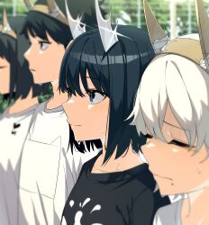  1boy 3girls absurdres aoki_ruri black_hair black_shirt blue_eyes blue_hair blush closed_eyes collarbone commentary crowd dragon_girl dragon_horns fence from_side gym_uniform highres horns kuryo_96 looking_ahead medium_hair mole mole_under_mouth multiple_girls outdoors ruridragon shirt slit_pupils solo_focus summer sweat white_horns 