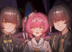  1boy 2girls adoptive_parent_and_adoptive_child aemeath_(wuthering_waves) aemeath_(young)_(wuthering_waves) ahoge black_hair black_jacket blurry blurry_background blush closed_eyes commentary cong_bing dress dual_persona english_commentary facing_viewer family_portrait father_and_child father_and_daughter female_rover_(perpetual_spark)_(wuthering_waves) female_rover_(wuthering_waves) hair_ornament highres jacket looking_at_viewer male_rover_(perpetual_spark)_(wuthering_waves) male_rover_(wuthering_waves) mother_and_child mother_and_daughter multiple_girls necktie open_mouth parent_and_child pink_hair rover_(wuthering_waves) smile v white_dress wuthering_waves yellow_eyes yellow_necktie 