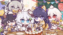  ahoge animal animal_ears animal_on_head anniversary bell bird bird_on_head black_hair blue_eyes bow bronya_zaychik cake cat cat_ears chalkboard chibi chinese_commentary commentary_request cow demon_horns eta fake_animal_ears fake_horns food fu_hua grey_eyes grey_hair hat highres holding holding_animal holding_bell honkai_(series) honkai_gakuen horns jingwei_(bird) kiana_kaslana long_hair multicolored_hair on_head plate purple_hair raiden_mei red_hair seele_vollerei smile table tilted_headwear top_hat two-tone_hair very_long_hair violet_eyes white_hair yellow_bow 