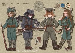  4girls absurdres animal_ears artist_name badge belt_pouch bird_ears bird_girl bird_wings black_hair blue_eyes boots braid braided_hair_rings brown_hair combat_boots commentary commission curly_hair dated deer_ears deer_girl deer_tail full_body gun hair_rings hands_on_own_hips hat highres historical_connection holding holding_own_hair holding_weapon holster justcentipde lynx map mazepynka military military_combat_uniform military_hat military_rank_insignia military_uniform multicolored_hair multiple_girls original pouch rast_gasser_m1898 rifle scar short_hair short_hair_with_long_locks sidelocks soldier steyr_m1895 tail translated twin_braids ukraine ukrainian_sich_riflemen ukrainian_text vest_pouch weapon wings wolf_ears wolf_girl wolf_tail world_war_i yellow_eyes 