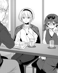  1boy 2girls absurdres artist_request bow chair closed_mouth coat coat_on_shoulders commentary_request cup drinking_glass elbows_on_table glasses greyscale hair_bow hairband handkerchief highres holding holding_handkerchief indoors long_hair medium_hair monochrome multiple_girls nogami_mamori novel_illustration official_art on_chair pants paper rokkouin_makoto shirt short_hair sitting sweatdrop tamanchu! turn_pale twintails vest 