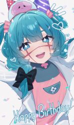  1girl :d absurdres amano_ritsu827 aqua_eyes aqua_hair brain cross-shaped_pupils exposed_brain facial_mark happy_birthday hat highres indie_virtual_youtuber lab_coat looking_at_viewer medium_hair open_mouth party_hat shoomimi short_hair smile symbol-shaped_pupils two_side_up virtual_youtuber white_background 