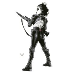  1girl 2026 absurdres artist_name black_boots black_hair black_jacket black_pants boots character_name colored_skin cropped_jacket domino_(marvel) full_body gun highres holding holding_gun holding_weapon jacket marvel pants simple_background solo travis_charest weapon white_background white_skin 