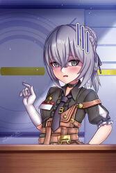  ... 1girl artist_name black_shirt braid braided_base bronya_zaychik bronya_zaychik_(haxxor_bunny) bronya_zaychik_(old_times) brown_overalls bun_with_braided_base character_name commentary english_commentary gloves grey_eyes grey_hair hair_between_eyes hair_bun hand_on_own_hip hand_up highres honkai_(series) honkai_impact_3rd id_card indoors looking_at_screen necktie overalls puffy_short_sleeves puffy_sleeves shirt short_hair short_sleeves sidelocks signature single_hair_bun solo standing strap_slip textless_version upper_body video_game_dialogue_box white_gloves zero130rider 