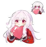  1girl blush chibi clara_(honkai:_star_rail) closed_mouth coat hair_between_eyes heart highres holding holding_heart honkai:_star_rail honkai:_star_rail_sticker_redraw_(meme) honkai_(series) long_hair long_sleeves looking_at_viewer meme object_hug red_coat red_eyes reference_inset simple_background smile solo upper_body vyvee20 white_background white_hair 