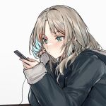  1girl an-94_(girls&#039;_frontline) aqua_eyes blonde_hair blush cable cellphone coat fur-trimmed_coat fur_trim girls_frontline grey_background highres holding holding_phone hood hood_down long_hair long_sleeves looking_at_phone nishiro_ryoujin phone simple_background smartphone solo upper_body 