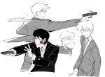 2boys blood blood_on_face blush_stickers closed_mouth collared_shirt commentary english_commentary formal greyscale gun handgun highres holding holding_gun holding_weapon long_sleeves male_focus mob_psycho_100 monochrome mp100days multiple_boys multiple_views necktie reigen_arataka shirt short_hair simple_background smile spot_color suit translation_request weapon white_background yoshioka_mamoru 