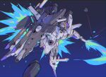  beam_saber blue_background commentary energy_gun energy_sword energy_weapon fazz_(gundam) flying gradient_background green_eyes gun gundam gundam_sentinel holding holding_gun holding_weapon mecha mk-5 mobile_suit no_humans robot science_fiction simple_background solo sword v-fin weapon 