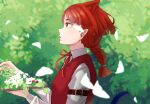  1other arm_belt braid day extra_ears highres hitsujino_yagi long_sleeves mairimashita!_iruma-kun opera_(iruma-kun) outdoors petals pointy_ears profile red_eyes red_vest redhead solo tail upper_body vest 