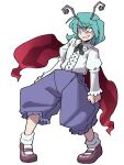  1girl :d absurdres antennae blue_pants brown_footwear cape commentary eddybird55555 english_commentary full_body green_eyes green_hair highres juliet_sleeves long_sleeves looking_to_the_side pants puffy_sleeves red_cape shirt short_hair simple_background smile socks solo touhou white_background white_shirt white_socks wriggle_nightbug 