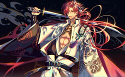  1boy black_background black_hair dragon_print earrings eyebrow_cut fate/grand_order fate_(series) hair_over_one_eye holding holding_sword holding_weapon jacket japanese_clothes jewelry kikan_(kikanoe) long_hair long_sleeves looking_at_viewer male_focus multicolored_hair nagatekkou pectoral_cleavage pectorals red_eyes redhead smile solo streaked_hair sword takasugi_shinsaku_(fate) upper_body weapon white_hair white_jacket 