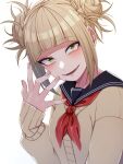  1girl black_sailor_collar blonde_hair boku_no_hero_academia brown_cardigan cardigan double_bun fingernails hair_bun highres kobaji long_sleeves looking_at_viewer sailor_collar school_uniform serafuku short_hair simple_background smile solo toga_himiko upper_body white_background yellow_eyes 