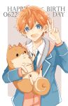  1boy :3 akehoshi_subaru animal animal_hug blazer blue_eyes blue_jacket blue_necktie breast_pocket bright_pupils brown_fur closed_mouth collarbone collared_shirt commentary dated dog double-parted_bangs ensemble_stars! fingernails framed grey_background grey_jacket hair_between_eyes happy_birthday holding holding_animal holding_dog hood hood_down hooded_jacket jacket layered_clothes long_sleeves looking_at_viewer loose_necktie male_focus miyagi2627 multicolored_clothes multicolored_jacket necktie open_clothes open_collar open_jacket open_mouth orange_eyes orange_hair pink_jacket pocket shirt short_hair single_stripe smile striped tareme teeth two-sided_fabric two-sided_jacket two-tone_background two-tone_jacket unbuttoned upper_body upper_teeth_only v white_background white_pupils white_shirt white_stripes 
