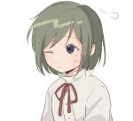  1girl aged_down buttons closed_mouth collared_shirt colored_eyelashes commentary expressionless green_hair kagerou_project kido_tsubomi koyon looking_up neck_ribbon one_eye_closed red_ribbon ribbon shirt short_hair simple_background solo sweat swept_bangs symbol-only_commentary upper_body violet_eyes white_background white_shirt 