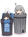  2girls ? arrow_(symbol) black_hair blue_archive crossover grey_hair halo highres honkai:_star_rail honkai_(series) miyu_(blue_archive) multiple_girls recycle_bin recycling_symbol red_eyes stelle_(honkai:_star_rail) trailblazer_(honkai:_star_rail) trash_can yan_kodiac yellow_eyes 