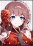  1girl bare_shoulders blue_background blush bow brown_hair dress earrings fishnet_gloves fishnets flower gloves grey_gloves hair_bow hair_flower hair_ornament happy jewelry long_hair mochizuki_honami panprika project_sekai red_bow red_dress red_flower smile solo sparkle teeth upper_body very_long_hair 