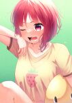  1girl absurdres arima_kana bird_mask blush collarbone commentary cropped_shirt daichi_(hayate1328) food_print green_background hand_up highres mask mask_removed nose_blush one_eye_closed open_mouth oshi_no_ko pieyon print_shirt red_eyes redhead shirt short_hair short_sleeves simple_background solo strawberry_print sweat t-shirt teeth upper_body wiping_face wiping_sweat yellow_shirt 