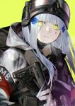  1girl assault_rifle blue_hair commentary english_commentary facial_mark girls_frontline glowing glowing_eyes green_background green_eyes gun hair_ornament helmet highres hk416_(fang)_(girls&#039;_frontline) hk416_(girls&#039;_frontline) hood hood_down hooded_jacket jacket long_hair looking_at_viewer mask mask_around_neck mik_blamike official_alternate_costume parted_lips respirator rifle simple_background solo tactical_clothes tom_clancy&#039;s_the_division upper_body weapon white_jacket 