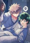  2boys :/ alternate_hair_color bakugou_katsuki bandaged_arm bandaged_chest bandages blanket boku_no_hero_academia bright_pupils brown_hair closed_mouth curtains eyebrows_hidden_by_hair freckles from_side green_eyes green_hair green_pupils hair_between_eyes hand_up highres hospital hospital_gown indoors leaning_forward light looking_at_viewer looking_to_the_side male_focus midoriya_izuku multiple_boys on_bed open_mouth pillow pixiv_username raised_eyebrows reclining red_eyes sanpaku scratches short_hair short_sleeves single_horizontal_stripe smile spiky_hair spoilers spoken_skull sweatdrop turning_head twitter_username ume_(326310) under_covers upper_body v-shaped_eyebrows window 