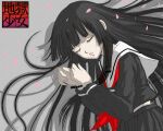  1girl black_hair black_serafuku blunt_bangs bracelet clenched_teeth closed_eyes copyright_name enma_ai eyelashes hime_cut jewelry jigoku_shoujo keinyan logo long_hair lying on_side petals sailor_collar school_uniform serafuku shadow solo teeth translucent_hair very_long_hair 