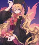  1girl absurdres black_dress closed_mouth commentary double_fox_shadow_puppet dress fox_shadow_puppet headdress highres junko_(touhou) long_hair long_sleeves looking_at_viewer neold orange_hair red_eyes sidelocks smile solo tabard touhou very_long_hair wide_sleeves 