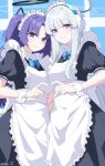  2girls alternate_costume blue_archive blue_eyes closed_mouth enmaided halo heart heart_hands heart_hands_duo highres long_hair looking_at_viewer maid multiple_girls noa_(blue_archive) purple_hair reia_76 smile violet_eyes white_hair yuuka_(blue_archive) 
