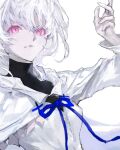  1girl blue_ribbon fate/grand_order fate_(series) highres lady_avalon_(fate) long_hair long_sleeves looking_at_viewer merlin_(fate/prototype) pink_eyes ribbon shirt simple_background smile solo typtypss upper_body white_background white_hair white_shirt 