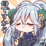  1girl :&gt; beni_shake black_dress blue_scarf blush_stickers chibi closed_eyes closed_mouth commentary_request dress facing_viewer fate/grand_order fate_(series) grey_hair hair_between_eyes horns larva_tiamat_(fate) long_hair long_sleeves pointy_ears scarf signature sleeves_past_fingers sleeves_past_wrists solo tiamat_(fate) translation_request upper_body v-shaped_eyebrows very_long_hair 